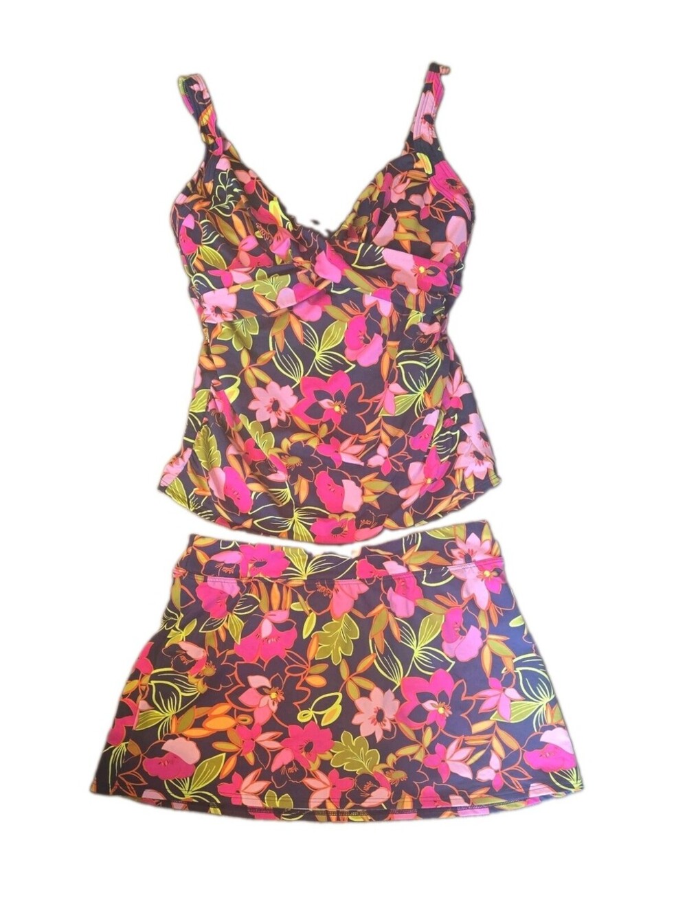 Lands End Swim Suit Floral Pink Blue rouched Tankini 8d Skirt 8 deep sea jungle